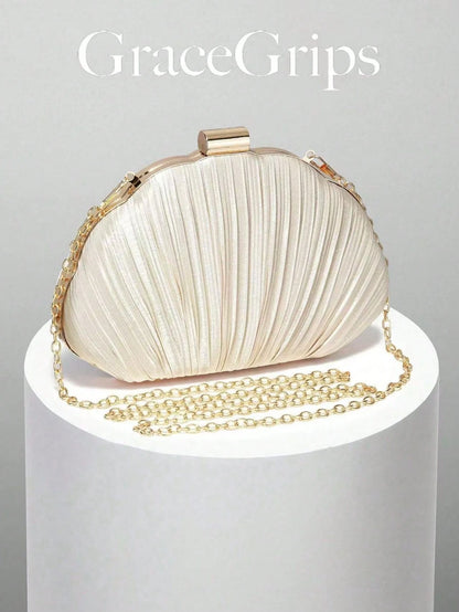 Women's Elegant/Quiet Luxury Pleated Satin Box Clutch/Minimalist Evening Bag/Fashion Chain Crossbody Handbag/Romantic Wedding Clutch/Charming/Exquisite Evening Dress Bag/Minimalist Apricot Box Clutch