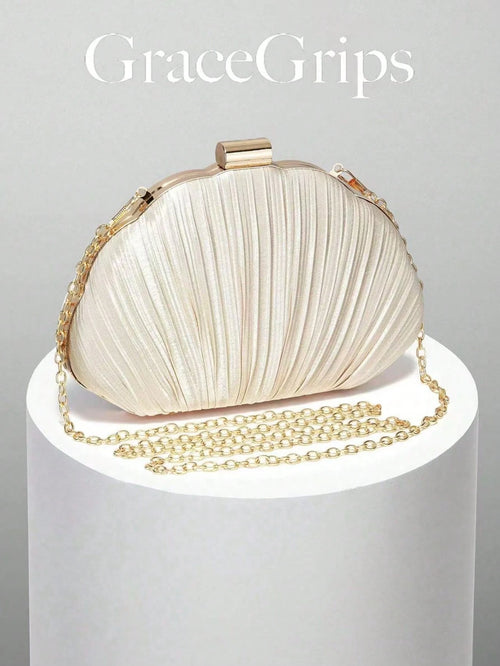 Women's Elegant/Quiet Luxury Pleated Satin Box Clutch/Minimalist Evening Bag/Fashion Chain Crossbody Handbag/Romantic Wedding Clutch/Charming/Exquisite Evening Dress Bag/Minimalist Apricot Box Clutch