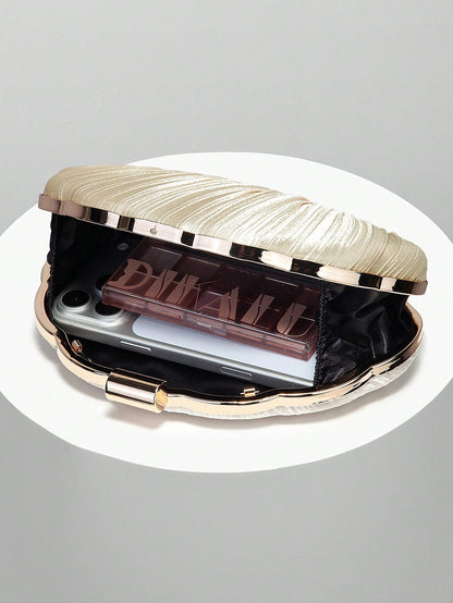 Women's Elegant/Quiet Luxury Pleated Satin Box Clutch/Minimalist Evening Bag/Fashion Chain Crossbody Handbag/Romantic Wedding Clutch/Charming/Exquisite Evening Dress Bag/Minimalist Apricot Box Clutch