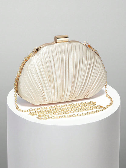 Women's Elegant/Quiet Luxury Pleated Satin Box Clutch/Minimalist Evening Bag/Fashion Chain Crossbody Handbag/Romantic Wedding Clutch/Charming/Exquisite Evening Dress Bag/Minimalist Apricot Box Clutch