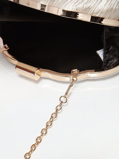 Women's Elegant/Quiet Luxury Pleated Satin Box Clutch/Minimalist Evening Bag/Fashion Chain Crossbody Handbag/Romantic Wedding Clutch/Charming/Exquisite Evening Dress Bag/Minimalist Apricot Box Clutch