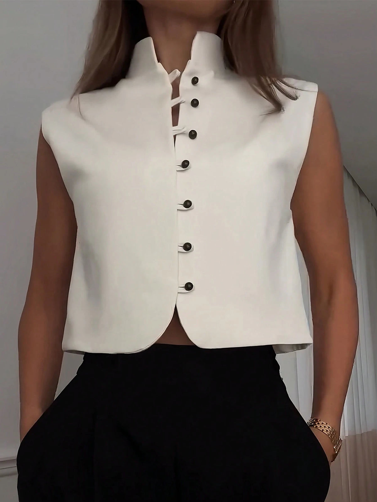 Women's Elegant Sleeveless Double-Breasted Woven Top, Solid Color, Summer Casual White