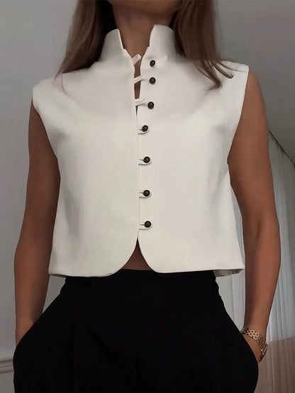 Women's Elegant Sleeveless Double-Breasted Woven Top, Solid Color, Summer Casual White