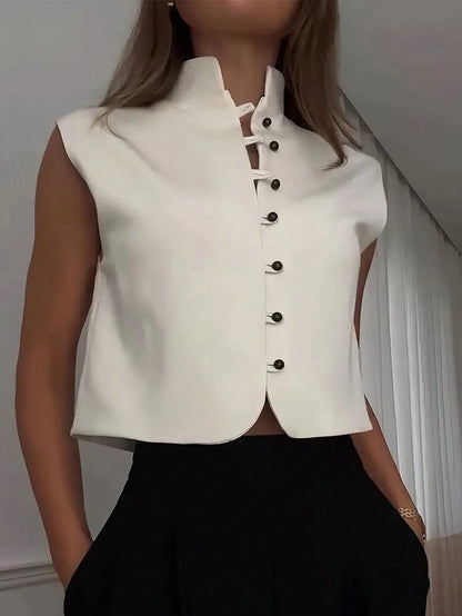 Women's Elegant Sleeveless Double-Breasted Woven Top, Solid Color, Summer Casual White