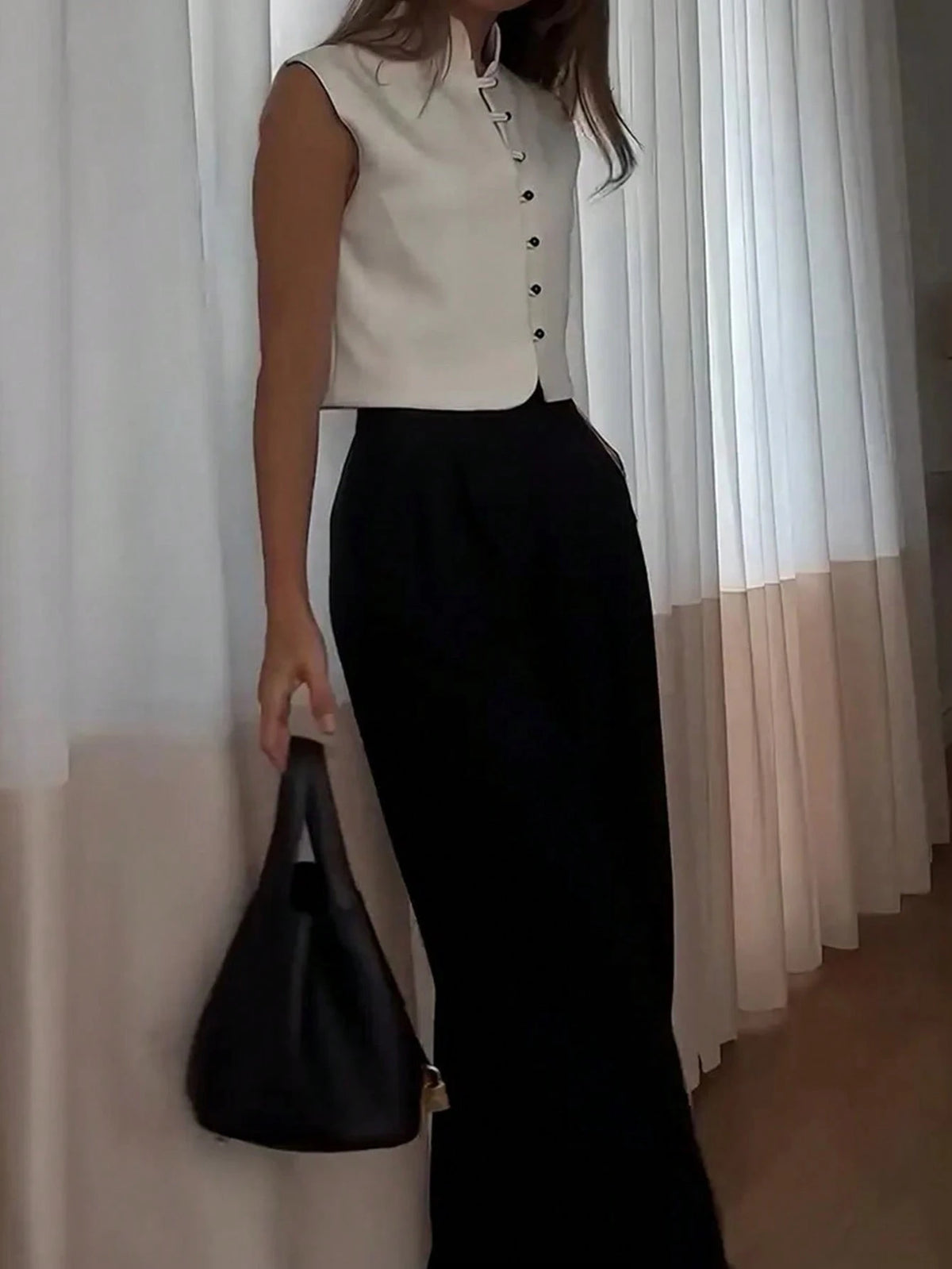 Women's Elegant Sleeveless Double-Breasted Woven Top, Solid Color, Summer Casual White
