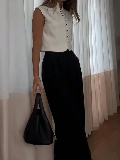 Women's Elegant Sleeveless Double-Breasted Woven Top, Solid Color, Summer Casual White
