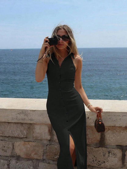 Women's Elegant Solid Color Halter Neck Front Slit Solid Color Single-Breasted Long Bodycon Dress Black Summer