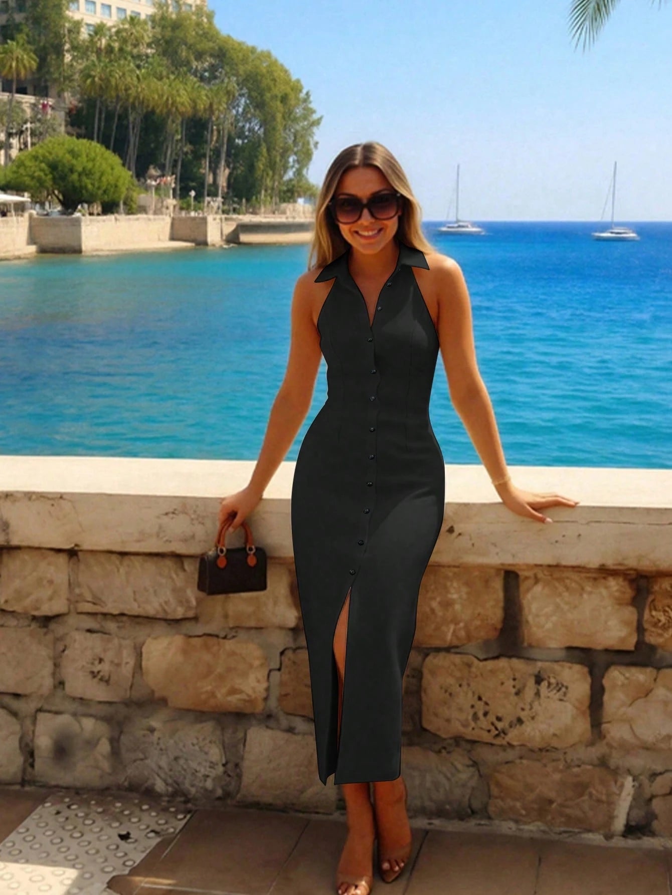 Women's Elegant Solid Color Halter Neck Front Slit Solid Color Single-Breasted Long Bodycon Dress Black Summer