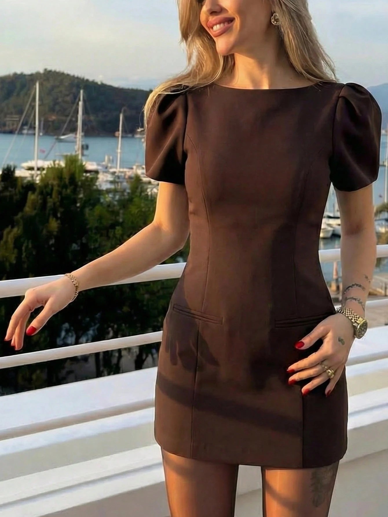 Women's Elegant Summer Dress Crew Neck Puff Short Sleeve Mini Bodycon Sheath For Evening Party Wedding Guest Office Work Casual Formal Occasions Brown