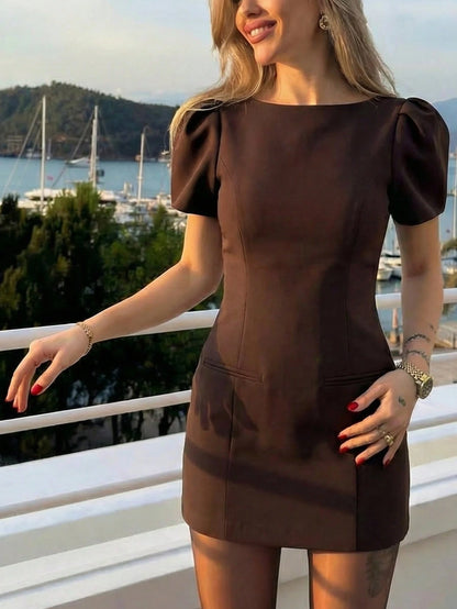 Women's Elegant Summer Dress Crew Neck Puff Short Sleeve Mini Bodycon Sheath For Evening Party Wedding Guest Office Work Casual Formal Occasions Brown