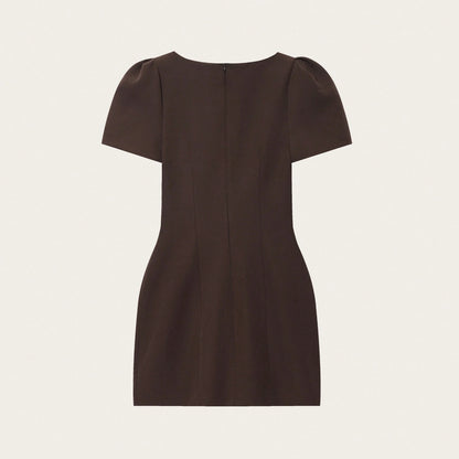 Women's Elegant Summer Dress Crew Neck Puff Short Sleeve Mini Bodycon Sheath For Evening Party Wedding Guest Office Work Casual Formal Occasions Brown