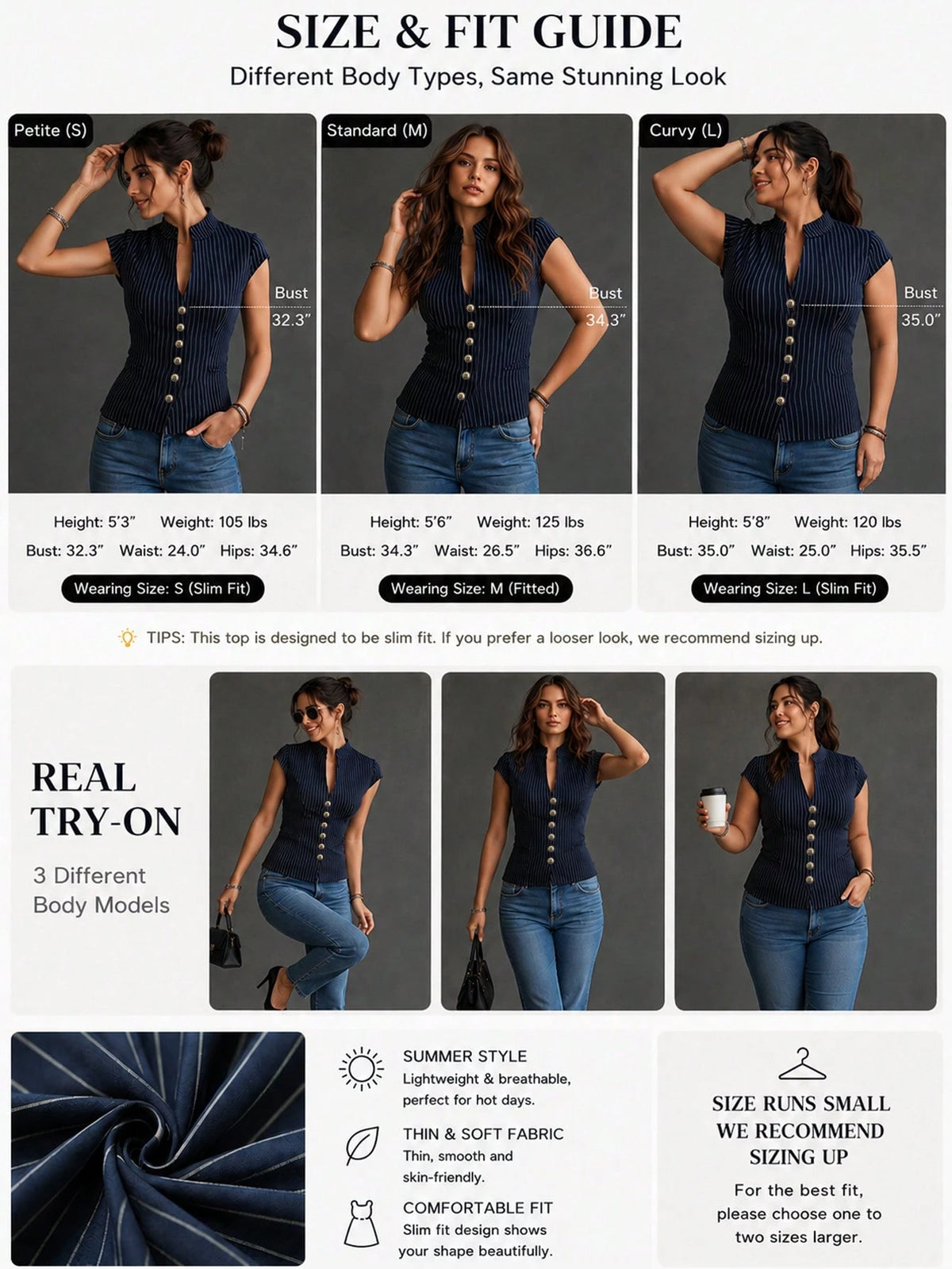 Women's Elegant Urban Modern Casual Commuter Navy Blue And White Striped Single-Breasted Shirt With Faux Pocket Design And V-Neck. Women's Graceful Office/Work Top, Summer, Outdoor Blouse, Blue And Wh