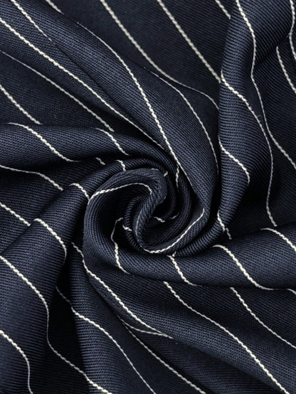 Women's Elegant Urban Modern Casual Commuter Navy Blue And White Striped Single-Breasted Shirt With Faux Pocket Design And V-Neck. Women's Graceful Office/Work Top, Summer, Outdoor Blouse, Blue And Wh