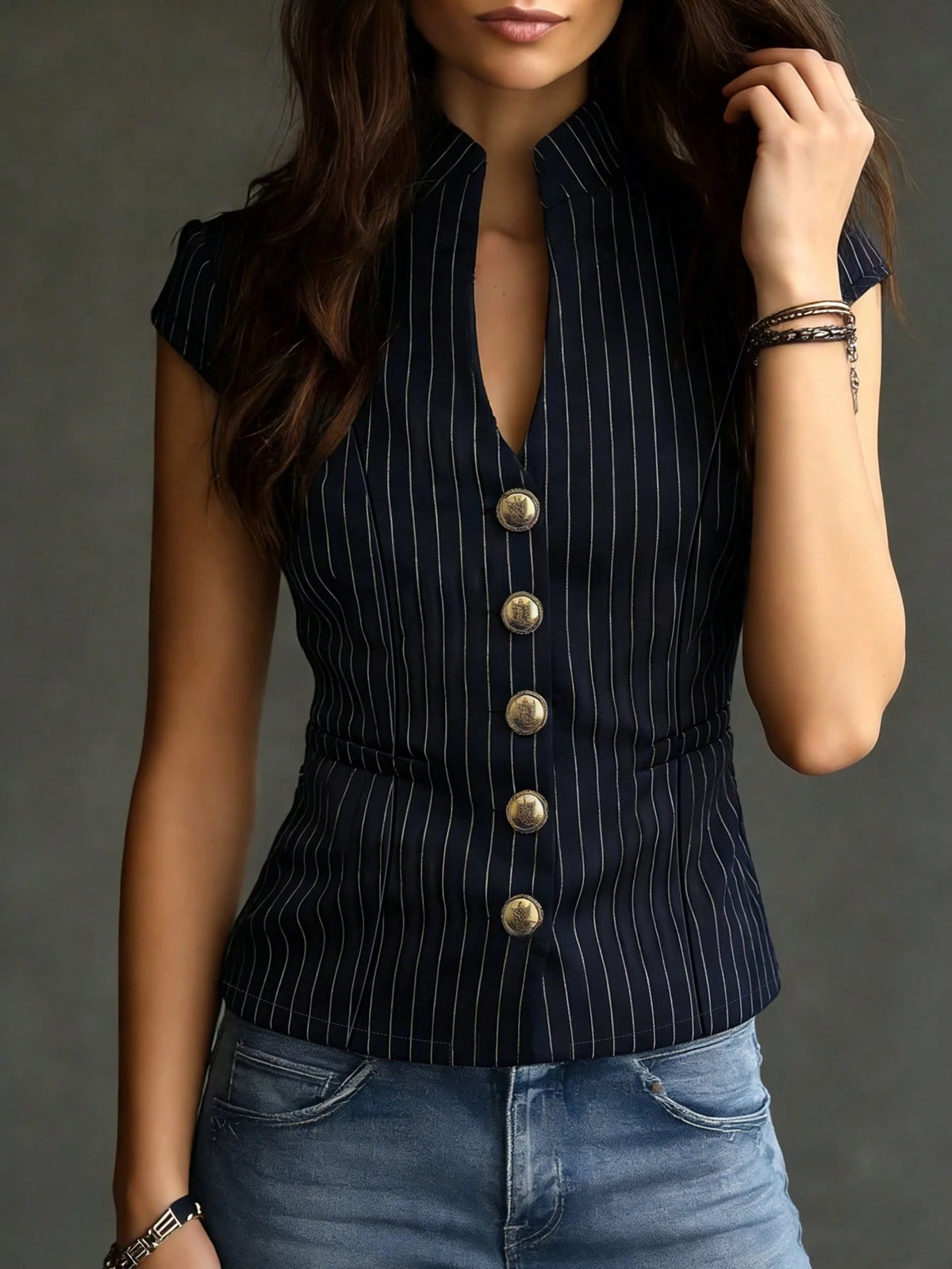 Women's Elegant Urban Modern Casual Commuter Navy Blue And White Striped Single-Breasted Shirt With Faux Pocket Design And V-Neck. Women's Graceful Office/Work Top, Summer, Outdoor Blouse, Blue And Wh