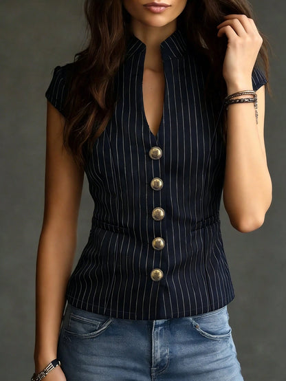 Women's Elegant Urban Modern Casual Commuter Navy Blue And White Striped Single-Breasted Shirt With Faux Pocket Design And V-Neck. Women's Graceful Office/Work Top, Summer, Outdoor Blouse, Blue And Wh