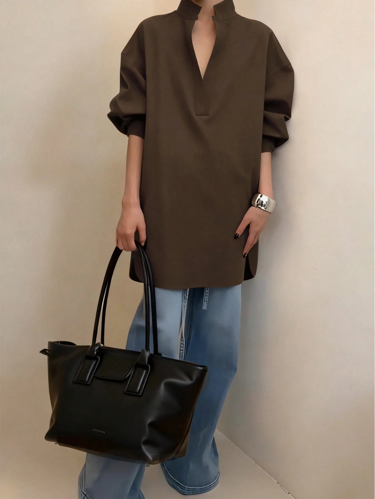 Women's Fashion Casual Versatile Long Sleeve Shirt, Asymmetrical Hem Solid Notched Neck Sexy Minimalist Office Shirt Fashionable Women's Notch Collar Brown Polyester Sheer Long Sleeve Shirt Spring