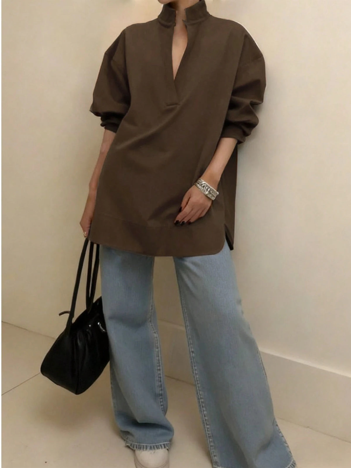 Women's Fashion Casual Versatile Long Sleeve Shirt, Asymmetrical Hem Solid Notched Neck Sexy Minimalist Office Shirt Fashionable Women's Notch Collar Brown Polyester Sheer Long Sleeve Shirt Spring