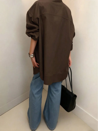 Women's Fashion Casual Versatile Long Sleeve Shirt, Asymmetrical Hem Solid Notched Neck Sexy Minimalist Office Shirt Fashionable Women's Notch Collar Brown Polyester Sheer Long Sleeve Shirt Spring