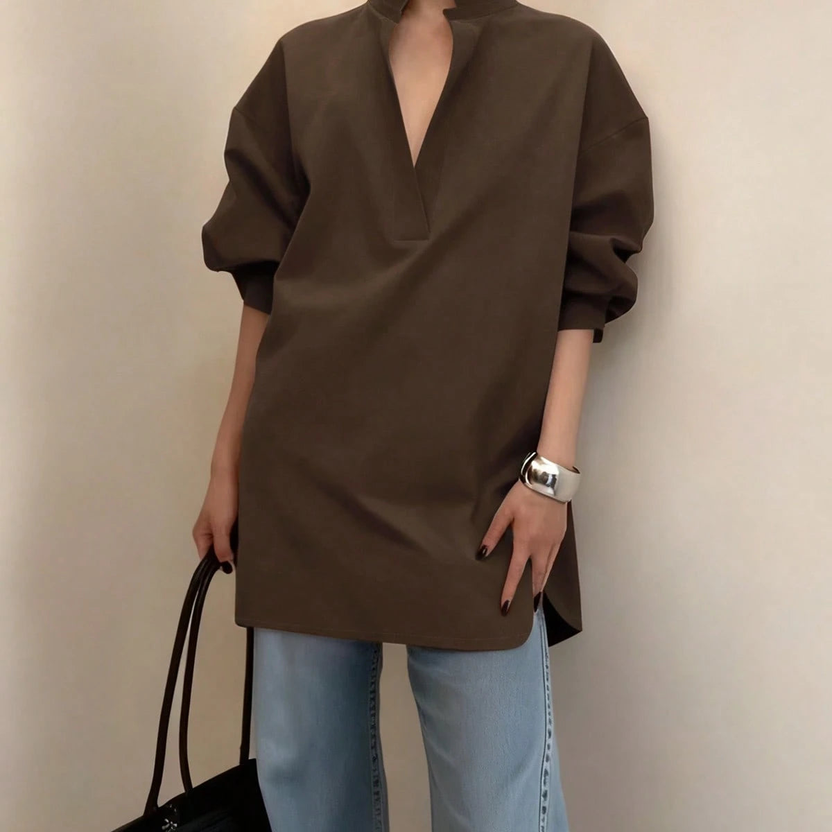 Women's Fashion Casual Versatile Long Sleeve Shirt, Asymmetrical Hem Solid Notched Neck Sexy Minimalist Office Shirt Fashionable Women's Notch Collar Brown Polyester Sheer Long Sleeve Shirt Spring