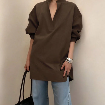 Women's Fashion Casual Versatile Long Sleeve Shirt, Asymmetrical Hem Solid Notched Neck Sexy Minimalist Office Shirt Fashionable Women's Notch Collar Brown Polyester Sheer Long Sleeve Shirt Spring