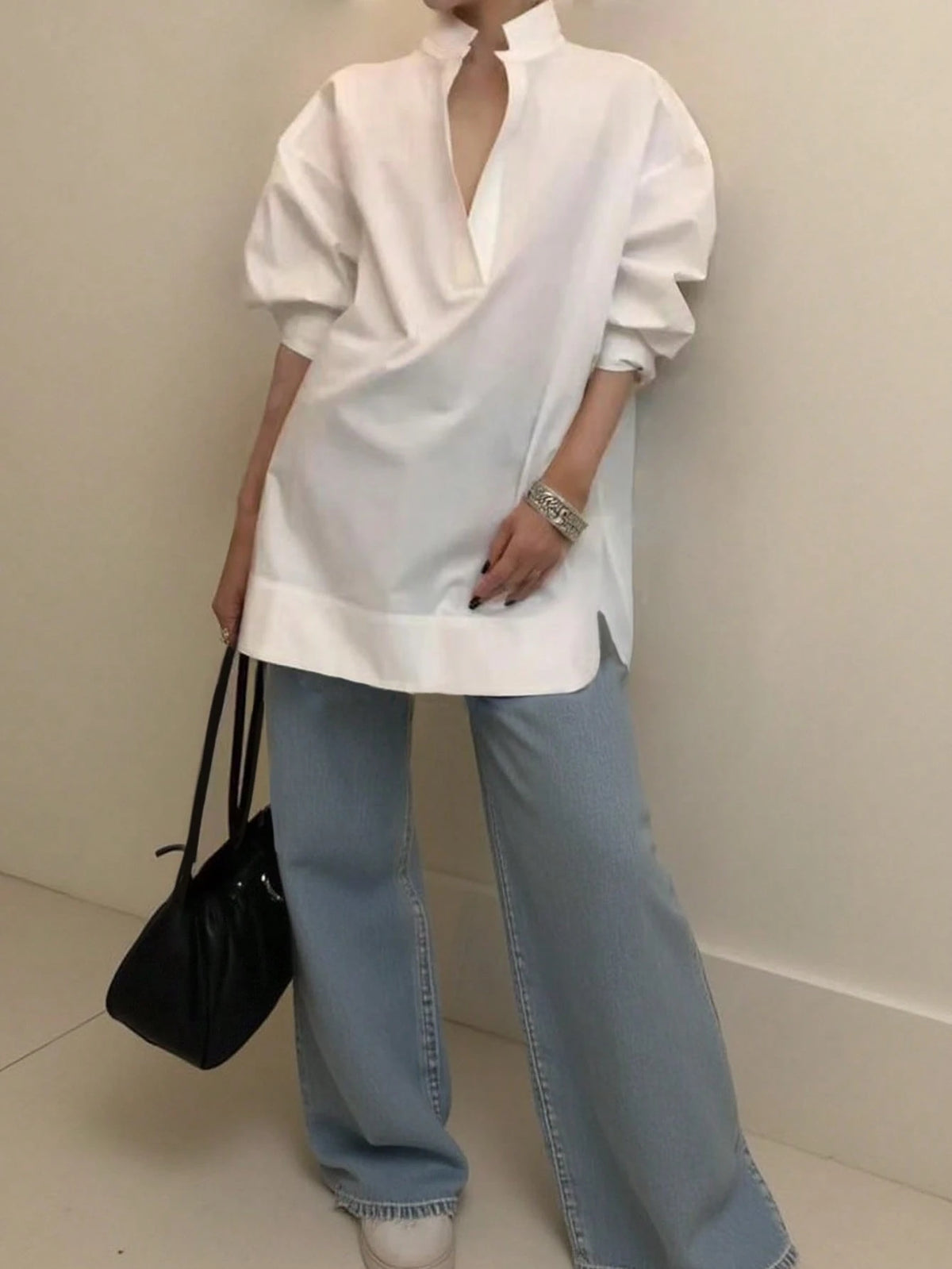 Women's Fashion Casual Versatile Long Sleeve Shirt, Asymmetrical Hem Solid Notched Neck Sexy Minimalist Office Shirt Fashionable Women's Notch Collar Brown Polyester Sheer Long Sleeve Shirt Spring