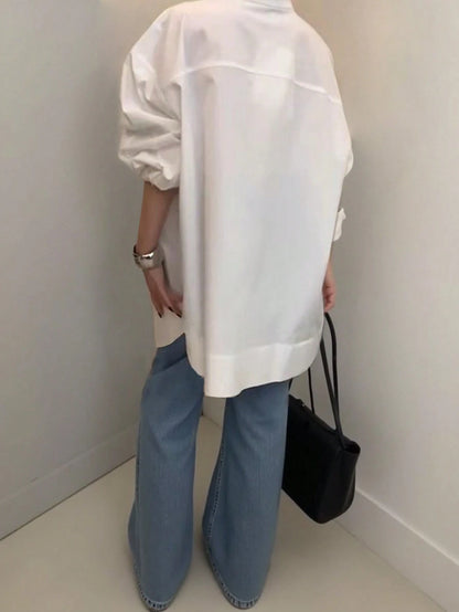 Women's Fashion Casual Versatile Long Sleeve Shirt, Asymmetrical Hem Solid Notched Neck Sexy Minimalist Office Shirt Fashionable Women's Notch Collar Brown Polyester Sheer Long Sleeve Shirt Spring