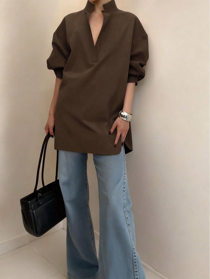 Women's Fashion Casual Versatile Long Sleeve Shirt, Asymmetrical Hem Solid Notched Neck Sexy Minimalist Office Shirt Fashionable Women's Notch Collar Brown Polyester Sheer Long Sleeve Shirt Spring