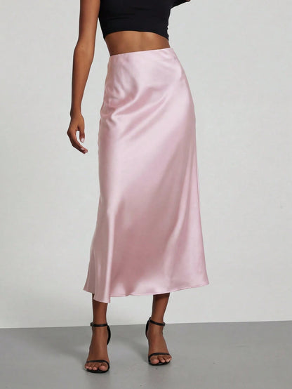 Women's Fashion Elastic Satin Feeling Satin Maxi Skirt, Suitable For All Seasons Pink Elegant Spring