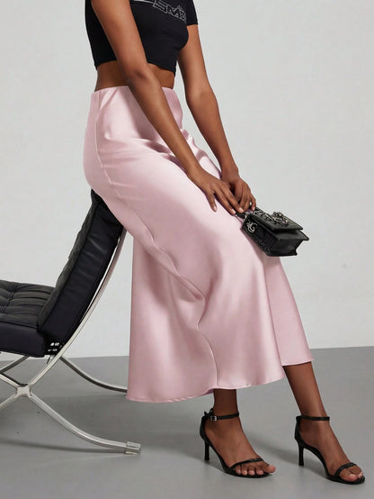 Women's Fashion Elastic Satin Feeling Satin Maxi Skirt, Suitable For All Seasons Pink Elegant Spring