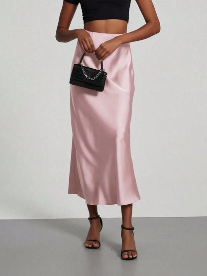Women's Fashion Elastic Satin Feeling Satin Maxi Skirt, Suitable For All Seasons Pink Elegant Spring