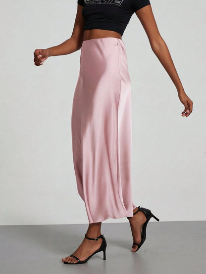 Women's Fashion Elastic Satin Feeling Satin Maxi Skirt, Suitable For All Seasons Pink Elegant Spring