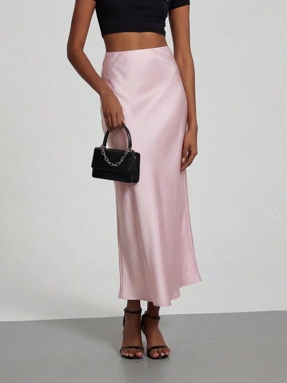 Women's Fashion Elastic Satin Feeling Satin Maxi Skirt, Suitable For All Seasons Pink Elegant Spring