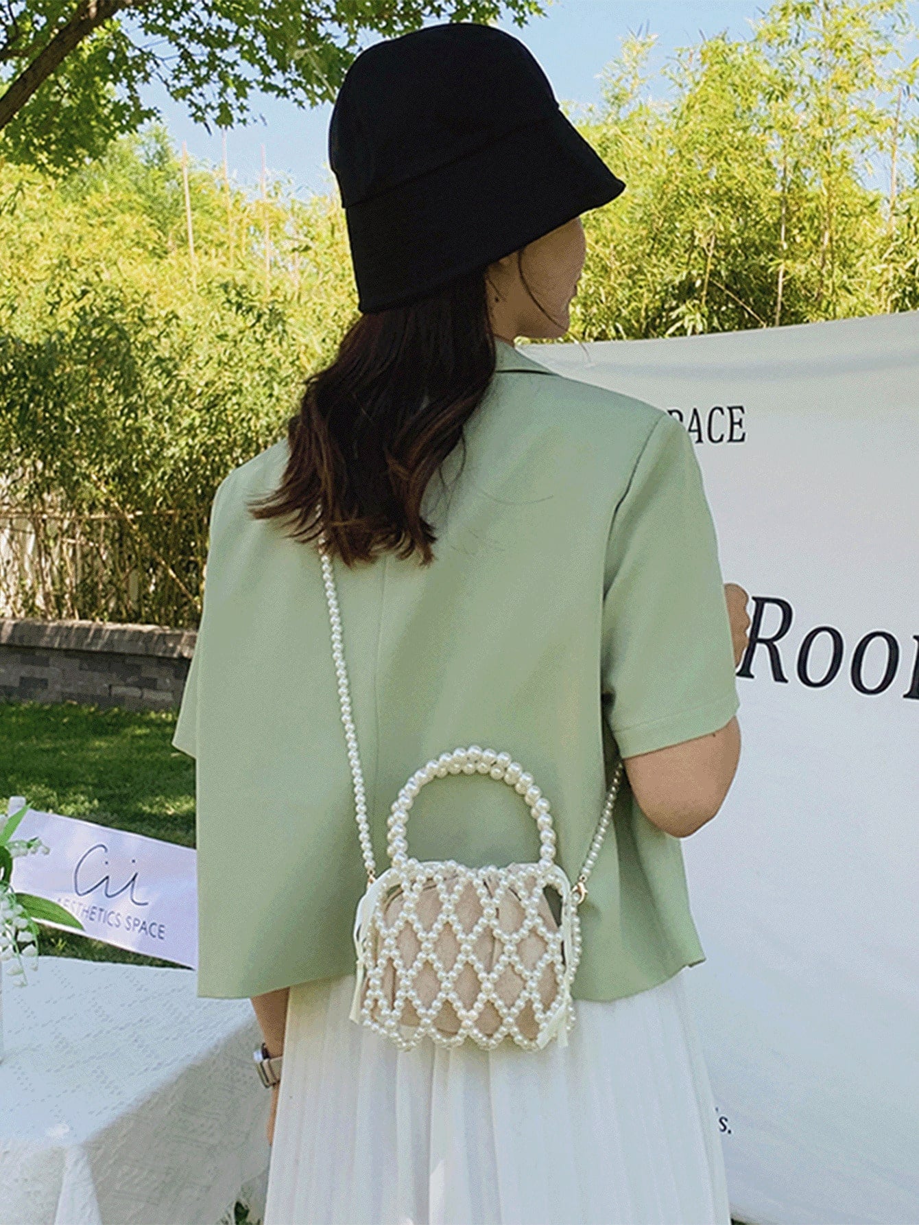 Women's Fashion Mini Faux Pearl Woven Hollow Handbag, Woven Bag, Cream Bag,Beach Bag, Aesthetic