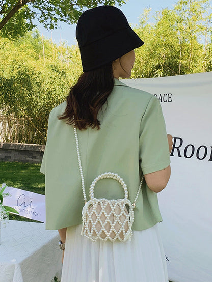 Women's Fashion Mini Faux Pearl Woven Hollow Handbag, Woven Bag, Cream Bag,Beach Bag, Aesthetic