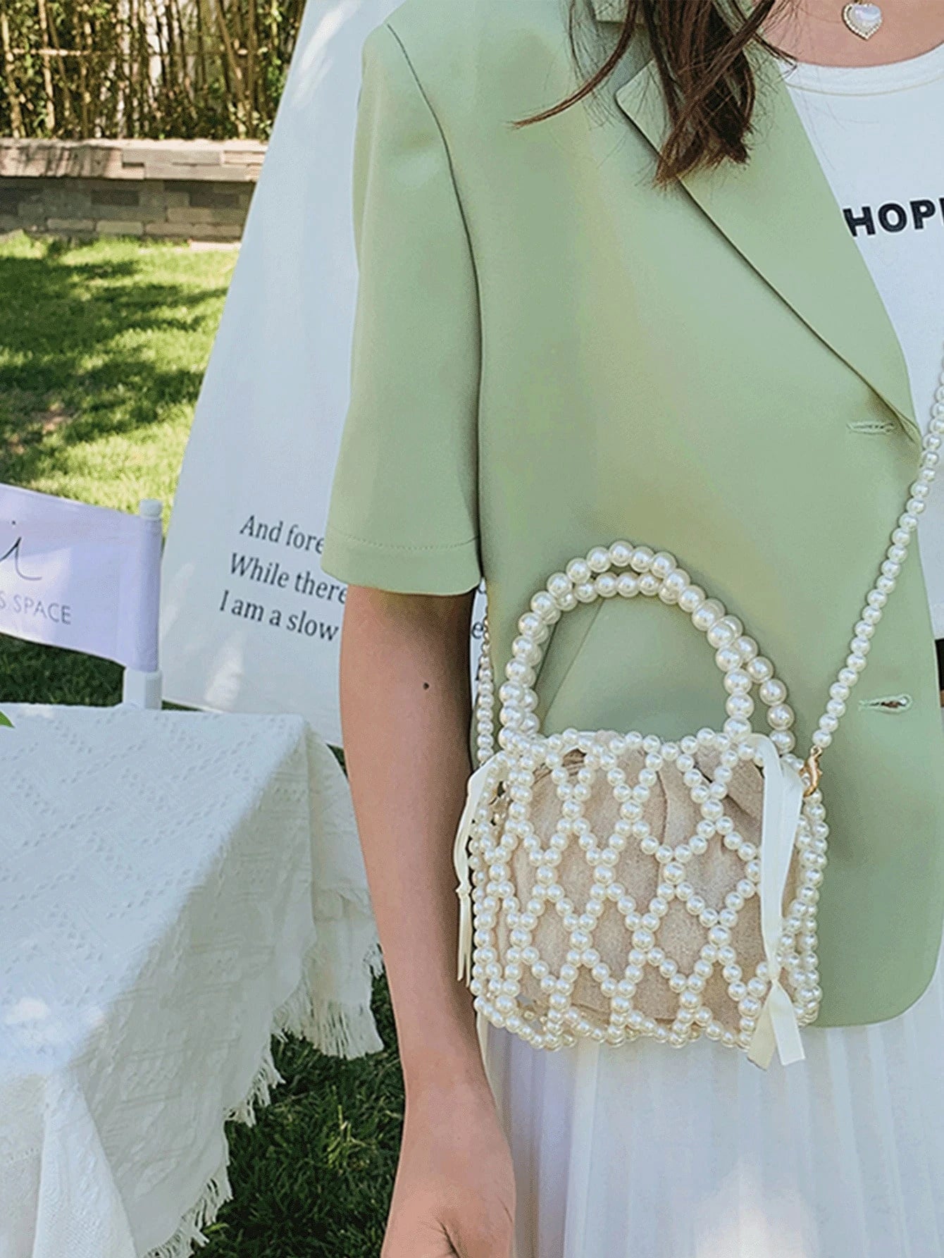 Women's Fashion Mini Faux Pearl Woven Hollow Handbag, Woven Bag, Cream Bag,Beach Bag, Aesthetic