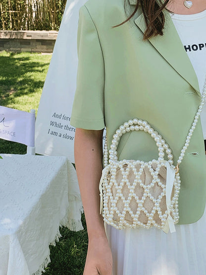 Women's Fashion Mini Faux Pearl Woven Hollow Handbag, Woven Bag, Cream Bag,Beach Bag, Aesthetic