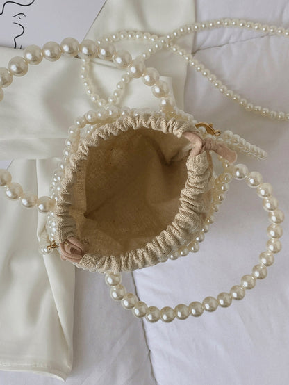 Women's Fashion Mini Faux Pearl Woven Hollow Handbag, Woven Bag, Cream Bag,Beach Bag, Aesthetic