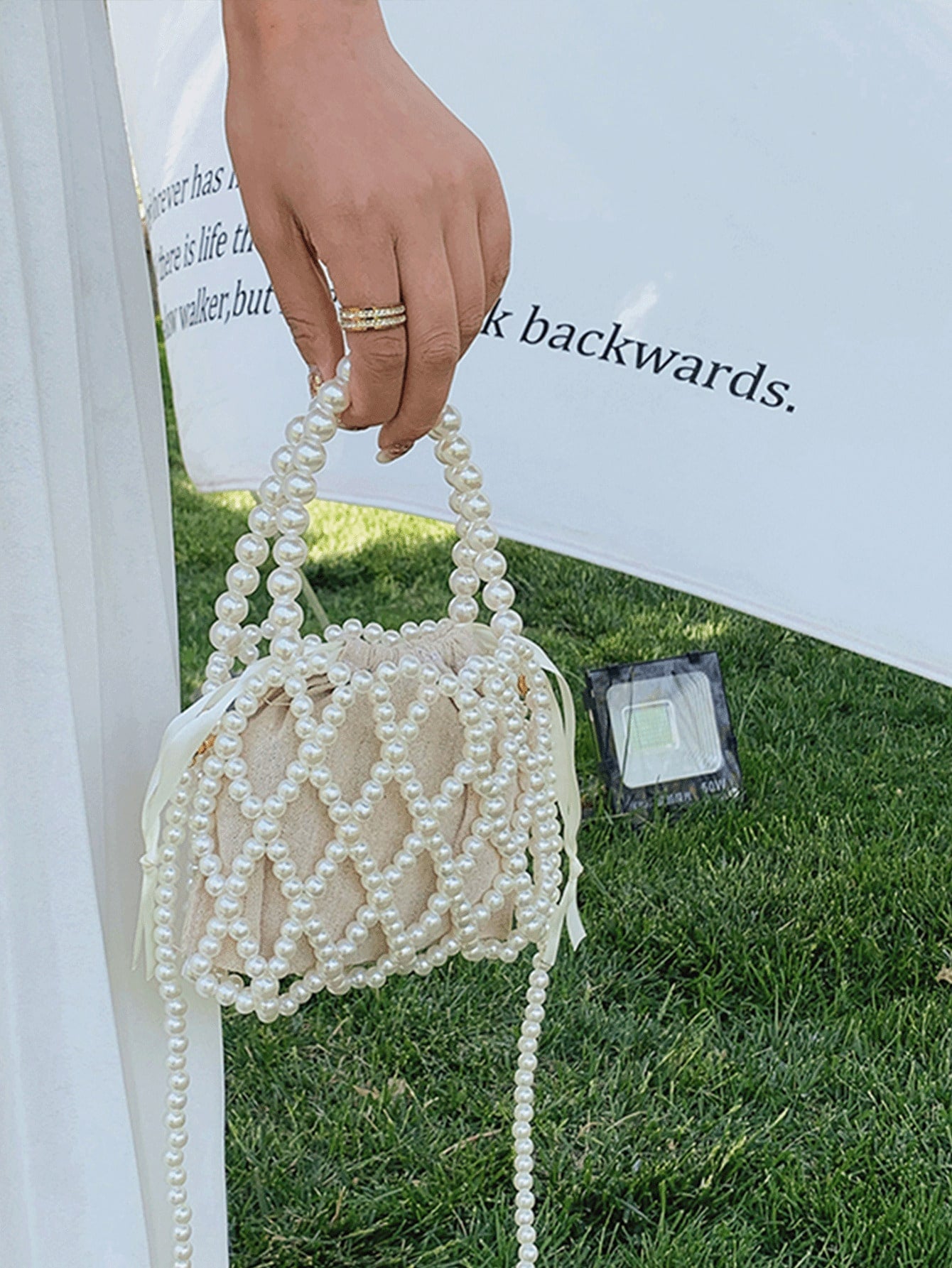 Women's Fashion Mini Faux Pearl Woven Hollow Handbag, Woven Bag, Cream Bag,Beach Bag, Aesthetic