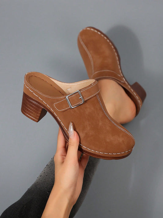 Women's Fashion Mule Shoes: Chunky Heel Design, Great For Casual Wear With Jeans/Skirts, Elegant Bohemian Buckle Decor,Wedge Heels