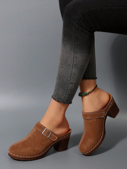 Women's Fashion Mule Shoes: Chunky Heel Design, Great For Casual Wear With Jeans/Skirts, Elegant Bohemian Buckle Decor,Wedge Heels