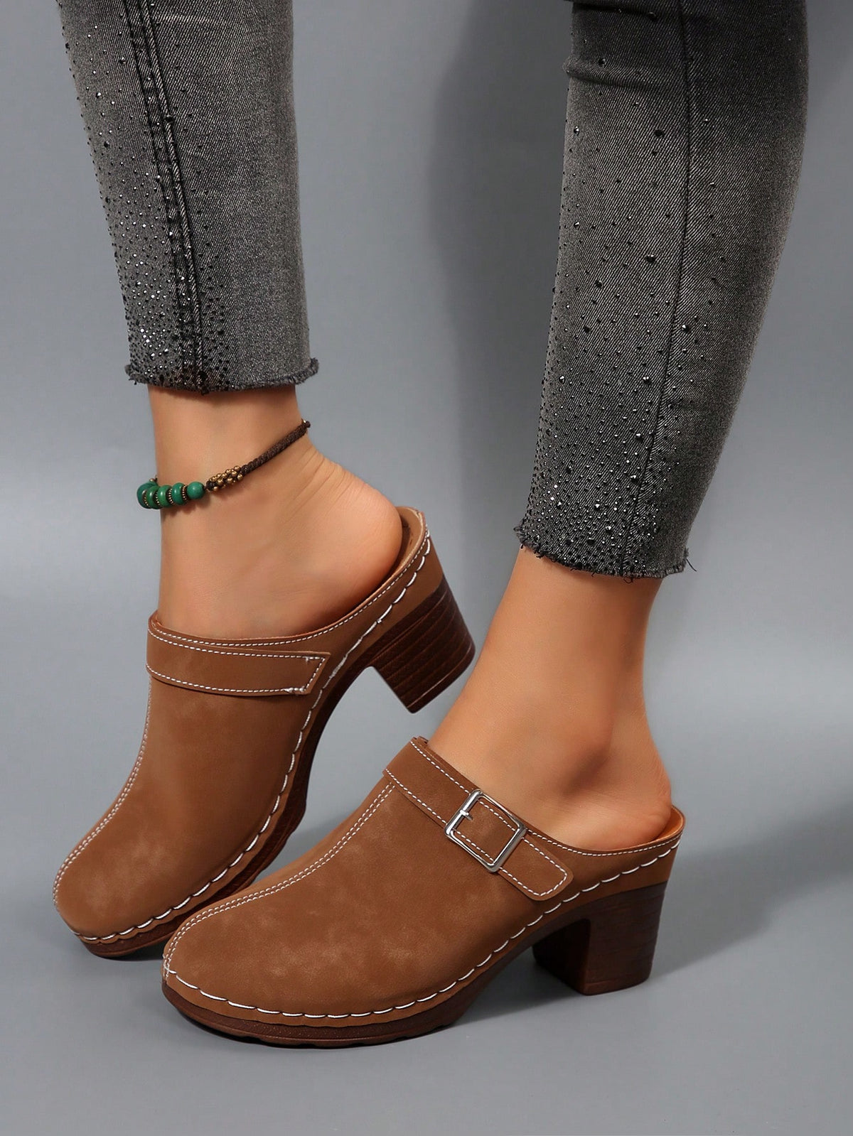 Women's Fashion Mule Shoes: Chunky Heel Design, Great For Casual Wear With Jeans/Skirts, Elegant Bohemian Buckle Decor,Wedge Heels