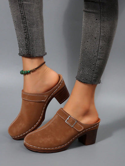Women's Fashion Mule Shoes: Chunky Heel Design, Great For Casual Wear With Jeans/Skirts, Elegant Bohemian Buckle Decor,Wedge Heels