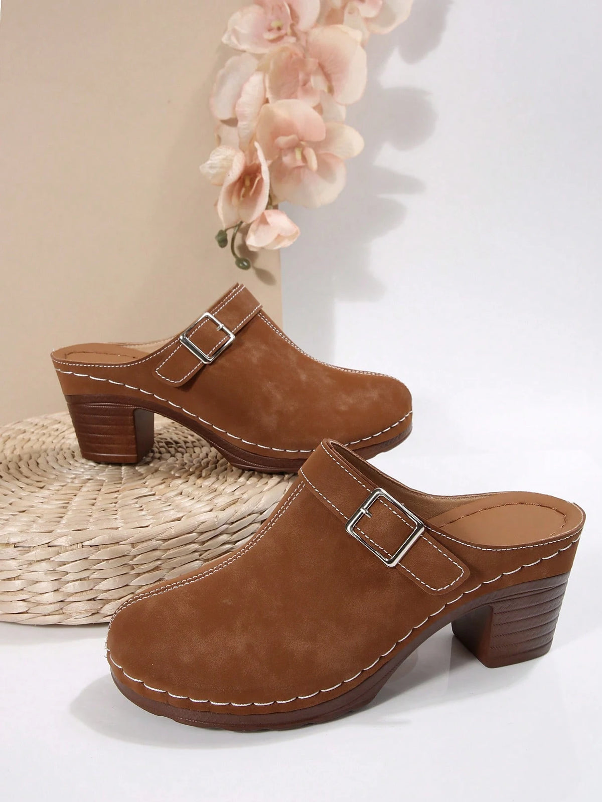 Women's Fashion Mule Shoes: Chunky Heel Design, Great For Casual Wear With Jeans/Skirts, Elegant Bohemian Buckle Decor,Wedge Heels
