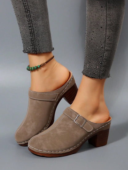 Women's Fashion Mule Shoes: Chunky Heel Design, Great For Casual Wear With Jeans/Skirts, Elegant Bohemian Buckle Decor,Wedge Heels
