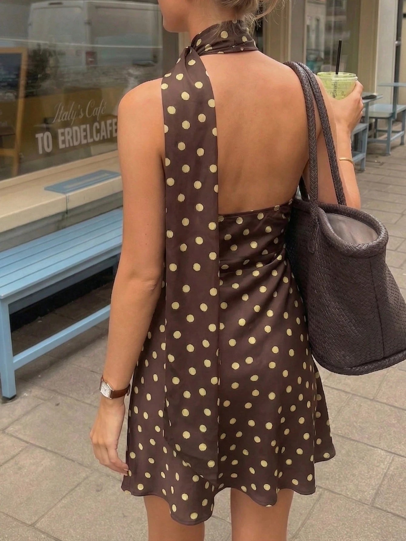 Women's Fashion Vacation Polka Dot Print Elegant Casual Sexy Asymmetrical Shoulder Asymmetric Ruched Fitted Tie-Front Dress, Back To School Outfit Party