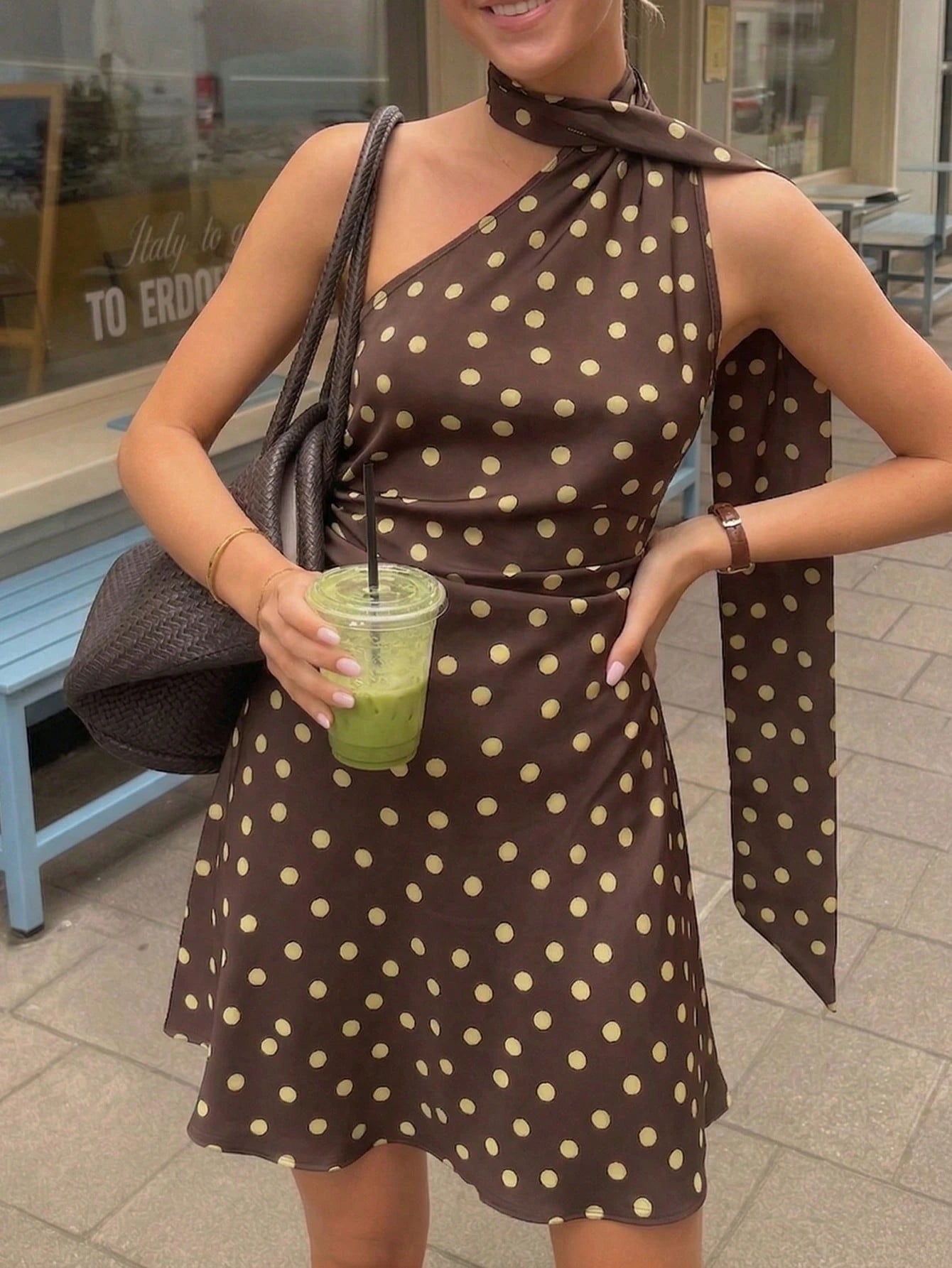 Women's Fashion Vacation Polka Dot Print Elegant Casual Sexy Asymmetrical Shoulder Asymmetric Ruched Fitted Tie-Front Dress, Back To School Outfit Party