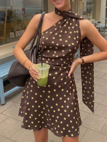 Women's Fashion Vacation Polka Dot Print Elegant Casual Sexy Asymmetrical Shoulder Asymmetric Ruched Fitted Tie-Front Dress, Back To School Outfit Party
