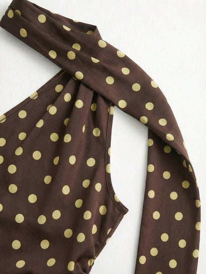 Women's Fashion Vacation Polka Dot Print Elegant Casual Sexy Asymmetrical Shoulder Asymmetric Ruched Fitted Tie-Front Dress, Back To School Outfit Party