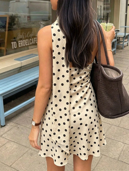 Women's Fashion Vacation Polka Dot Print Elegant Casual Sexy Asymmetrical Shoulder Asymmetric Ruched Fitted Tie-Front Dress, Back To School Outfit Party