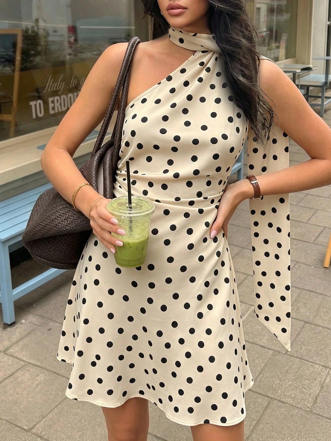 Women's Fashion Vacation Polka Dot Print Elegant Casual Sexy Asymmetrical Shoulder Asymmetric Ruched Fitted Tie-Front Dress, Back To School Outfit Party
